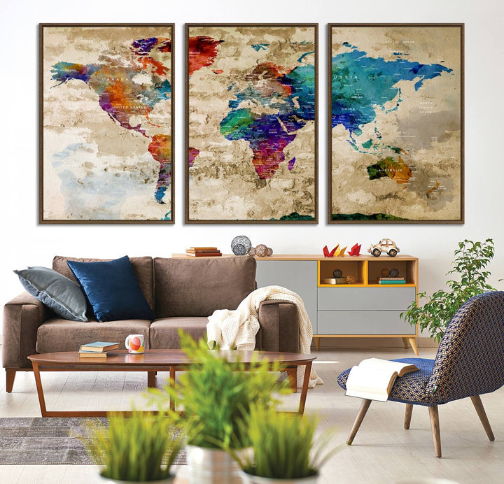 An Abstract Large Watercolor World Map Canvas Print hangs prominently.