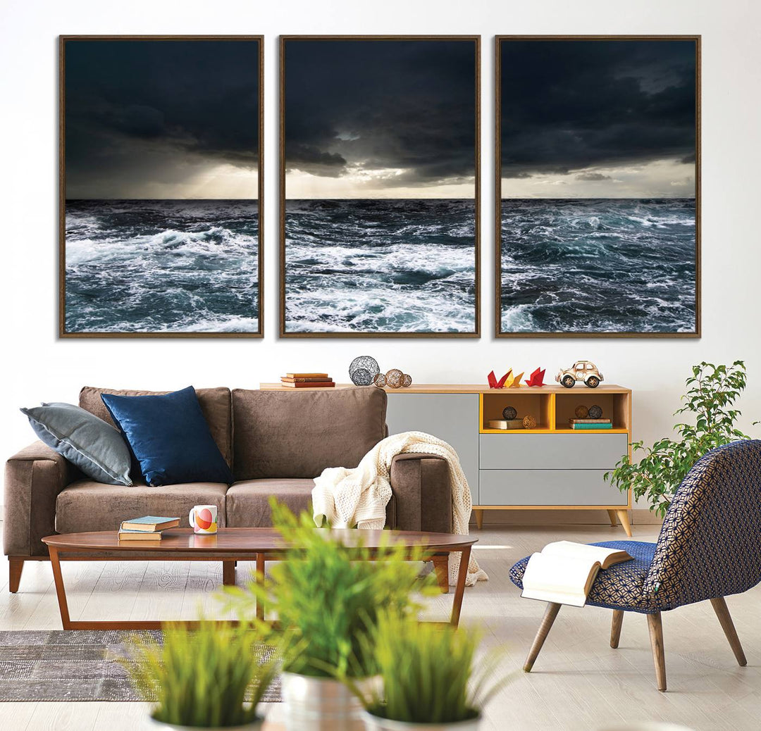 A Dark Clouds Stormy Sea canvas print, ready to hang, enhances the room.