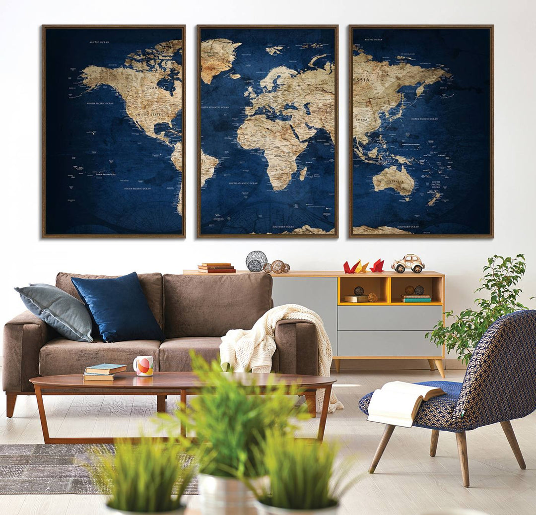 Classic Vintage Blue World Map Canvas Print featuring beige continents against a deep blue background.