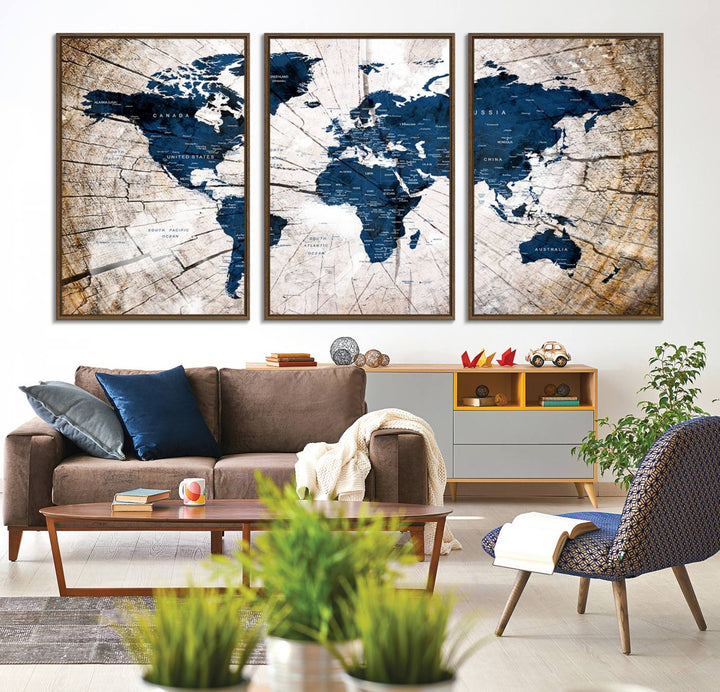 The Vintage World Map on Grunge Background Canvas serves as the focal point of the room.