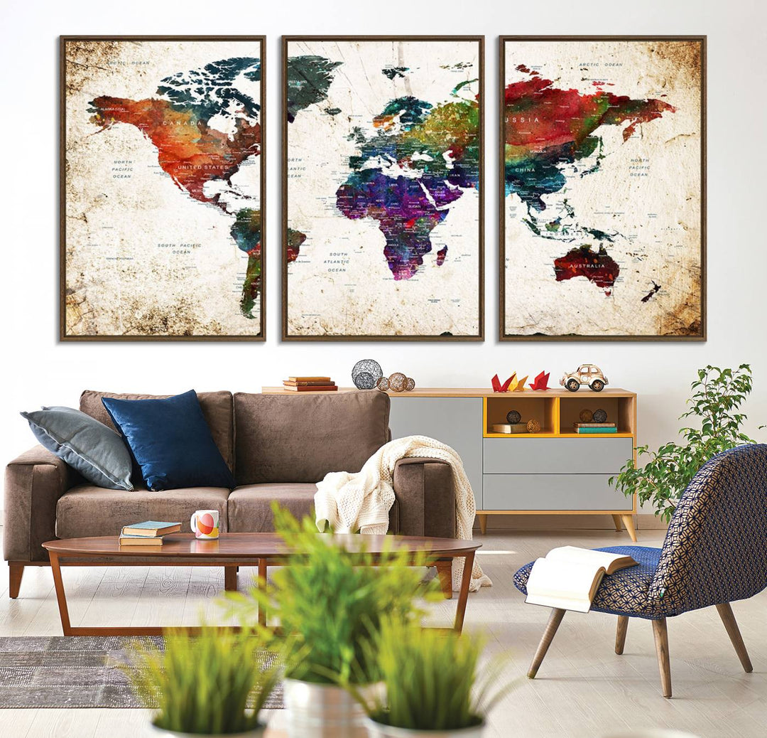 The living room features elegant world map wall art.