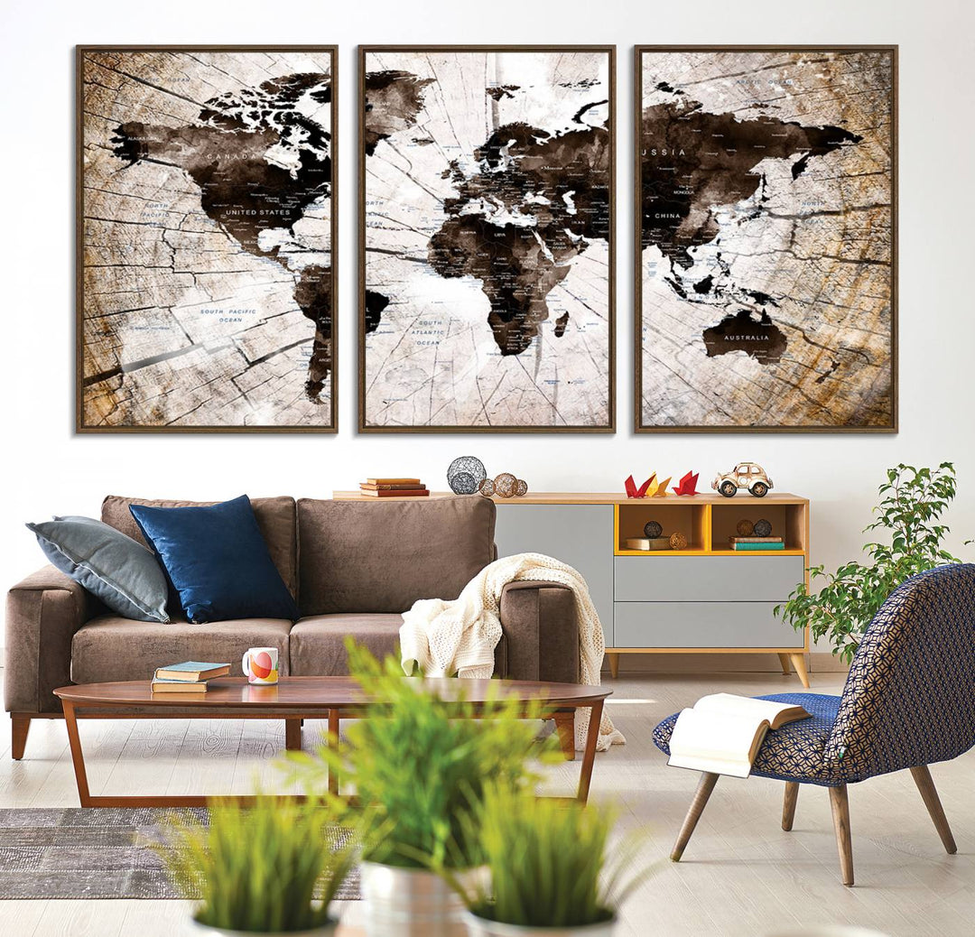 The Tree Ring World Map Canvas hangs above the table, blending into the nature-inspired setting.