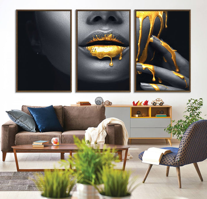 The Gold Lips and Black Woman Makeup Canvas Print features a chic monochrome face design, making it ideal for a modern dining room.