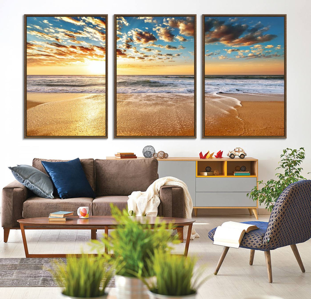 A gallery-wrapped canvas titled Soothing Sunset on Calm Beach is featured.