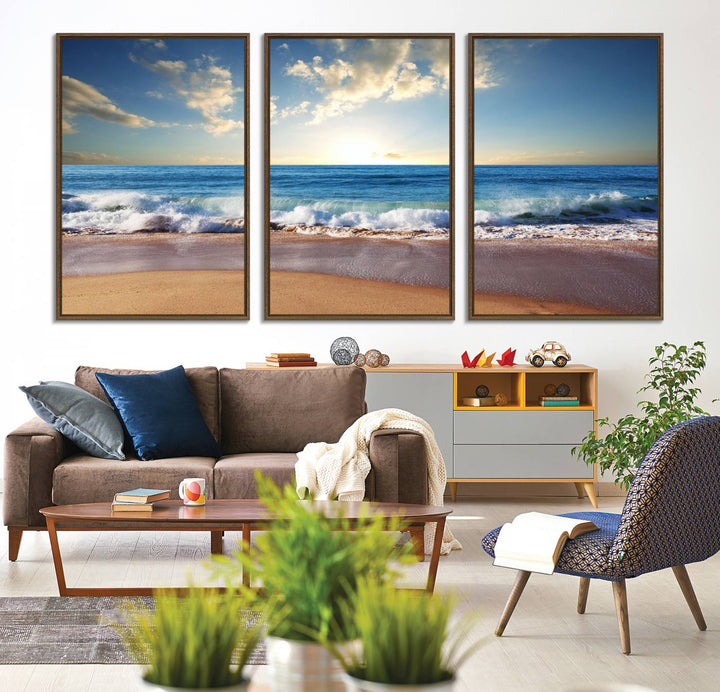 The dining room features a Coastal Tropical Beach Sunset canvas wall art.