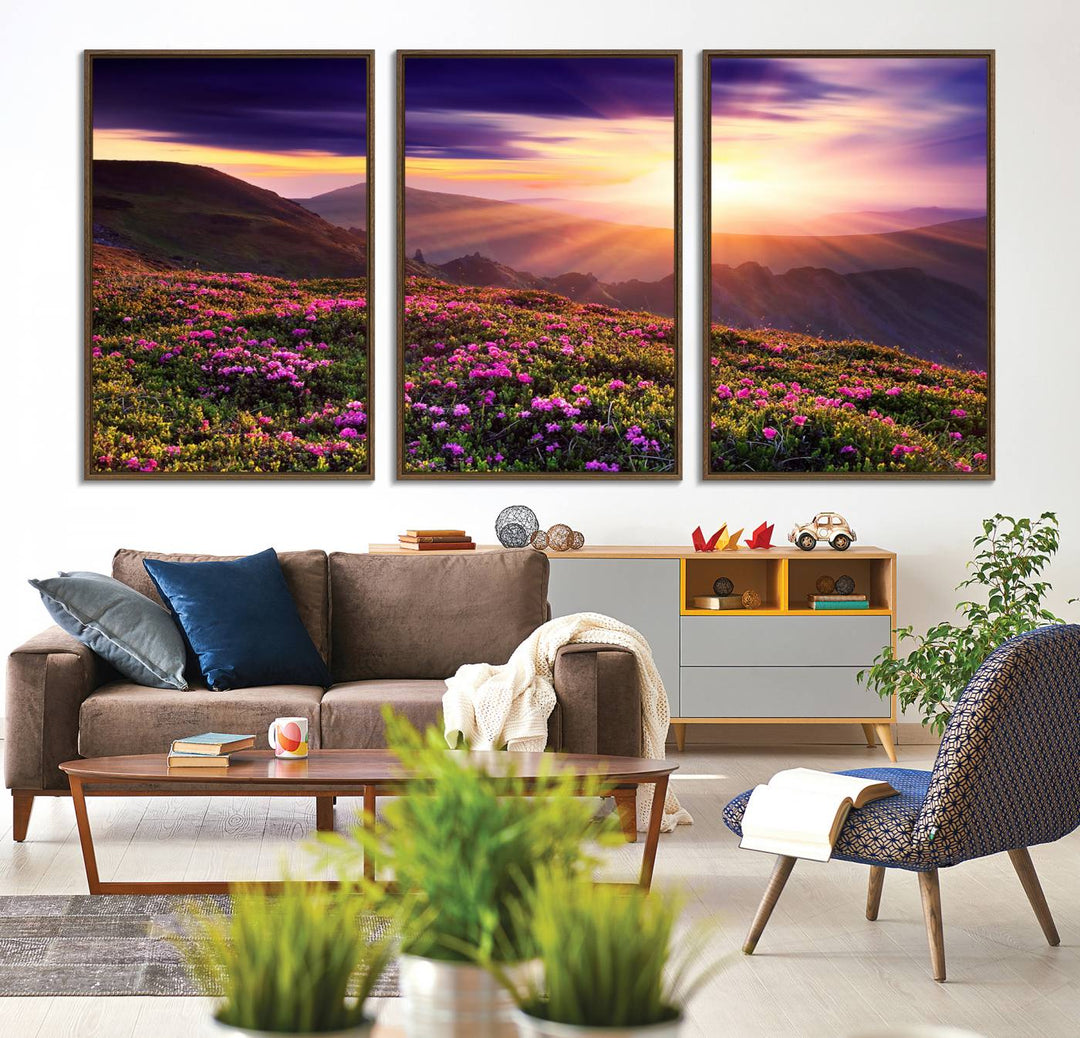 Gallery-wrapped wall art of a stunning mountain sunset and purple flowers.