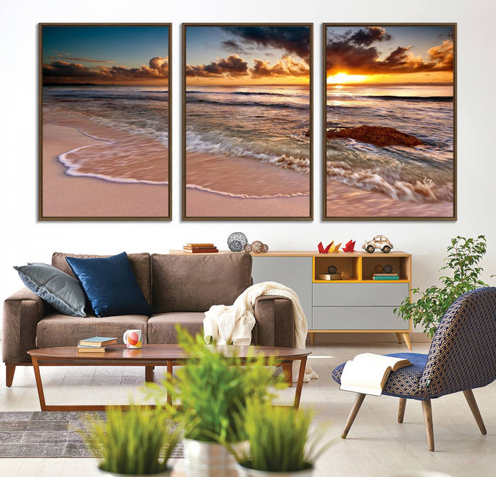 Coastal dining room decor: serene ocean waves triptych canvas.