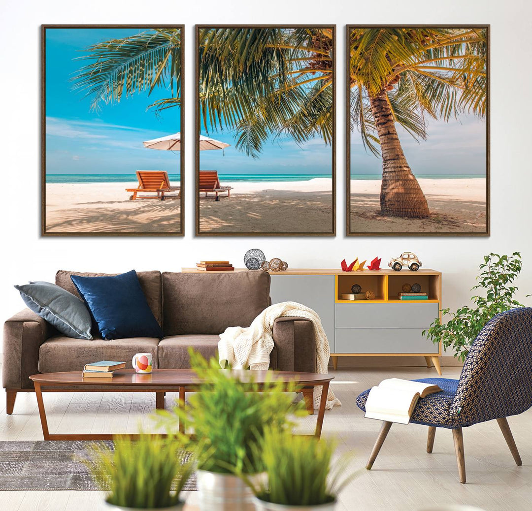 The 3-panel Tropical Beach Wall Art features palm trees and sun loungers, perfect for coastal decor.