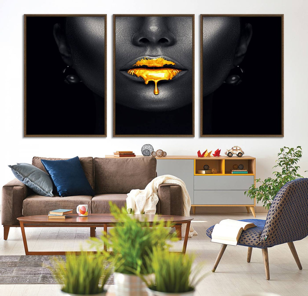 The Honey Gold Lips and Black Woman Photograph canvas print adds a striking touch to the room.