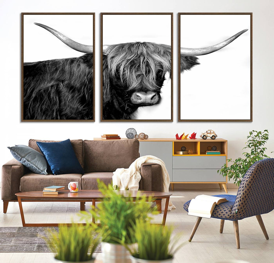 The Black and White Highland Cow Multi Panel Wall Art Canvas Print with UV-protection hangs prominently.