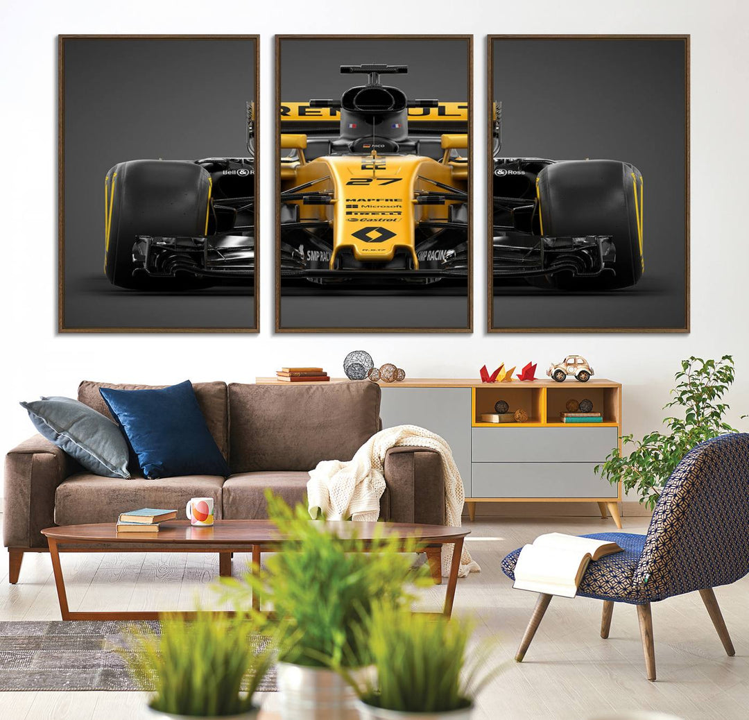 A yellow and black F1 Renault car canvas print with free shipping.