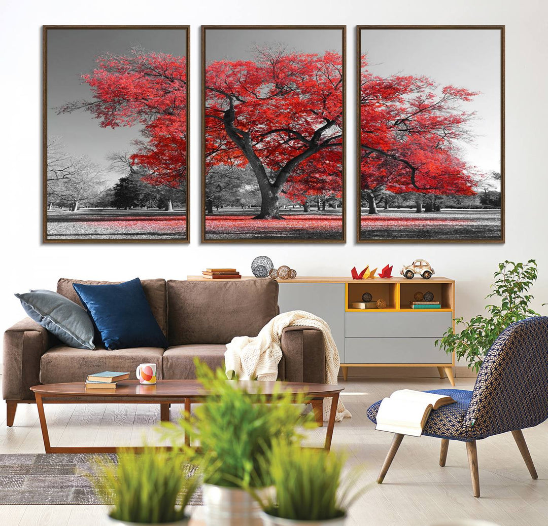 A Red Autumn Tree Canvas Wall Art Print of red leaves.