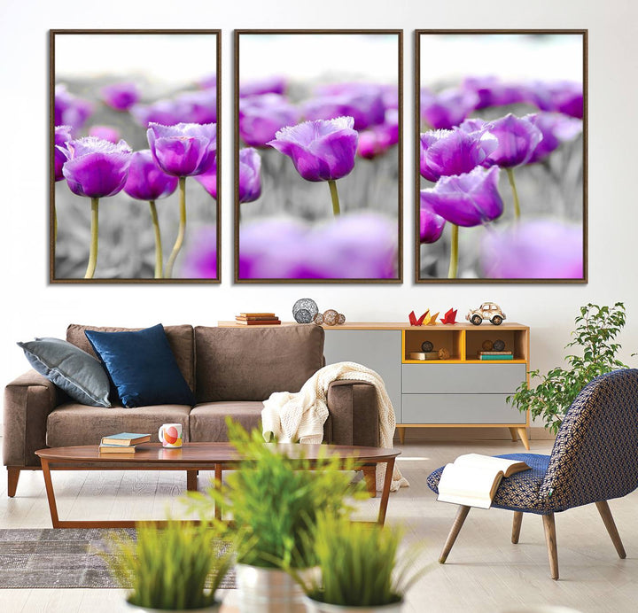 A gallery-wrapped Tulip Fields canvas wall art in a vivid purple hue.