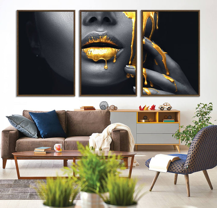 Above the dining area is the Gold Glitter Lips Fashion Makeup canvas wall art.