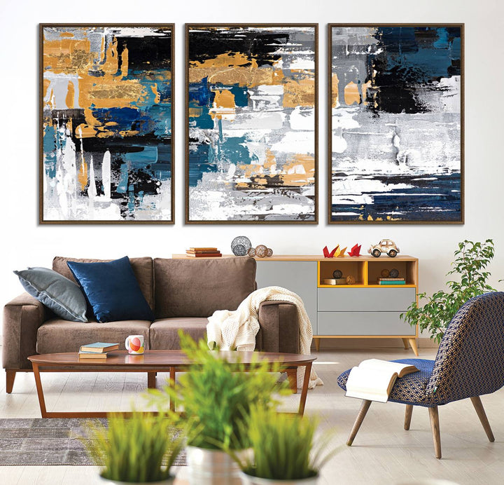 Blue and Gold Abstract Canvas Wall Art hangs prominently.