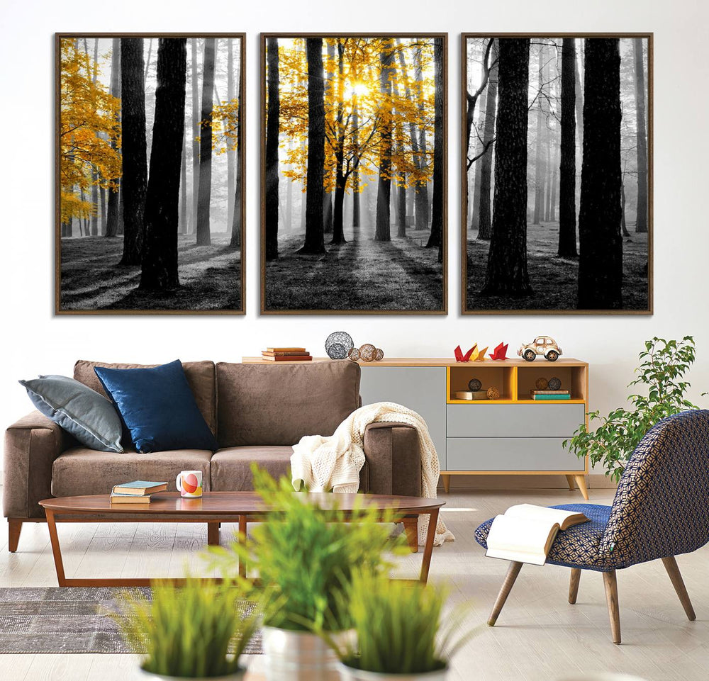 Nature Misty Foggy Autumn Forest Wall Art Print displayed above a modern dining room.