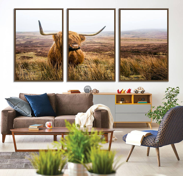 A ready-to-hang Scottish Highland Cow Cattle Canvas Wall Art.