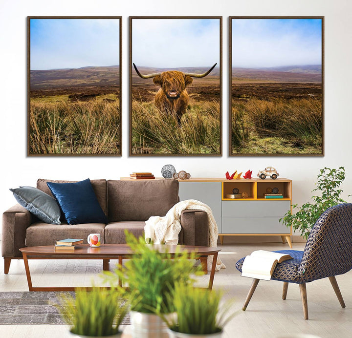 A Scottish Highland Cow art print canvas with UV-protection adorns the wall, preserving vivid details.