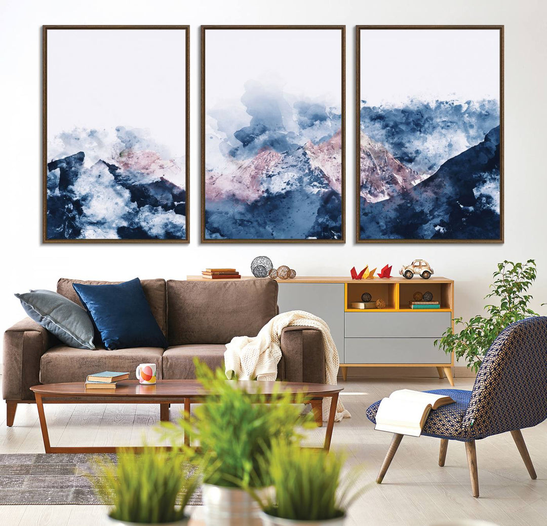 A modern kitchen showcases an Abstract Watercolor Mountain Landscape Art Canvas Print.