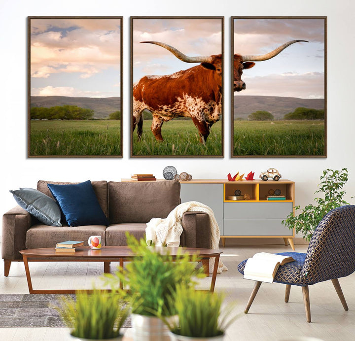 The Texas Cow Canvas Wall Art print captures a longhorn cow at sunset and is ready to hang.