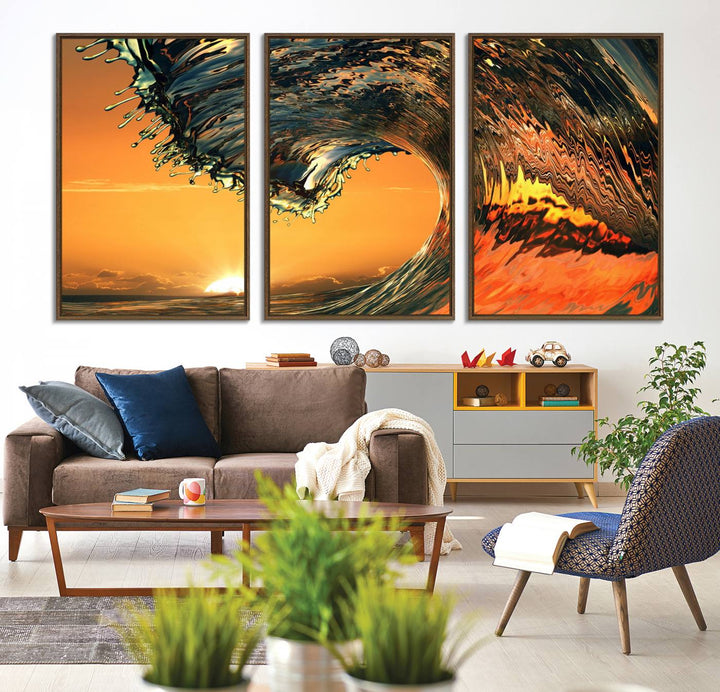 The Ocean Wave With Perfect Sunset canvas wall art adds a striking focal point to the room.