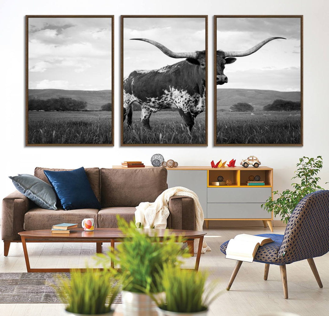 A Black and White Longhorn Texas Cow Canvas Wall Art.