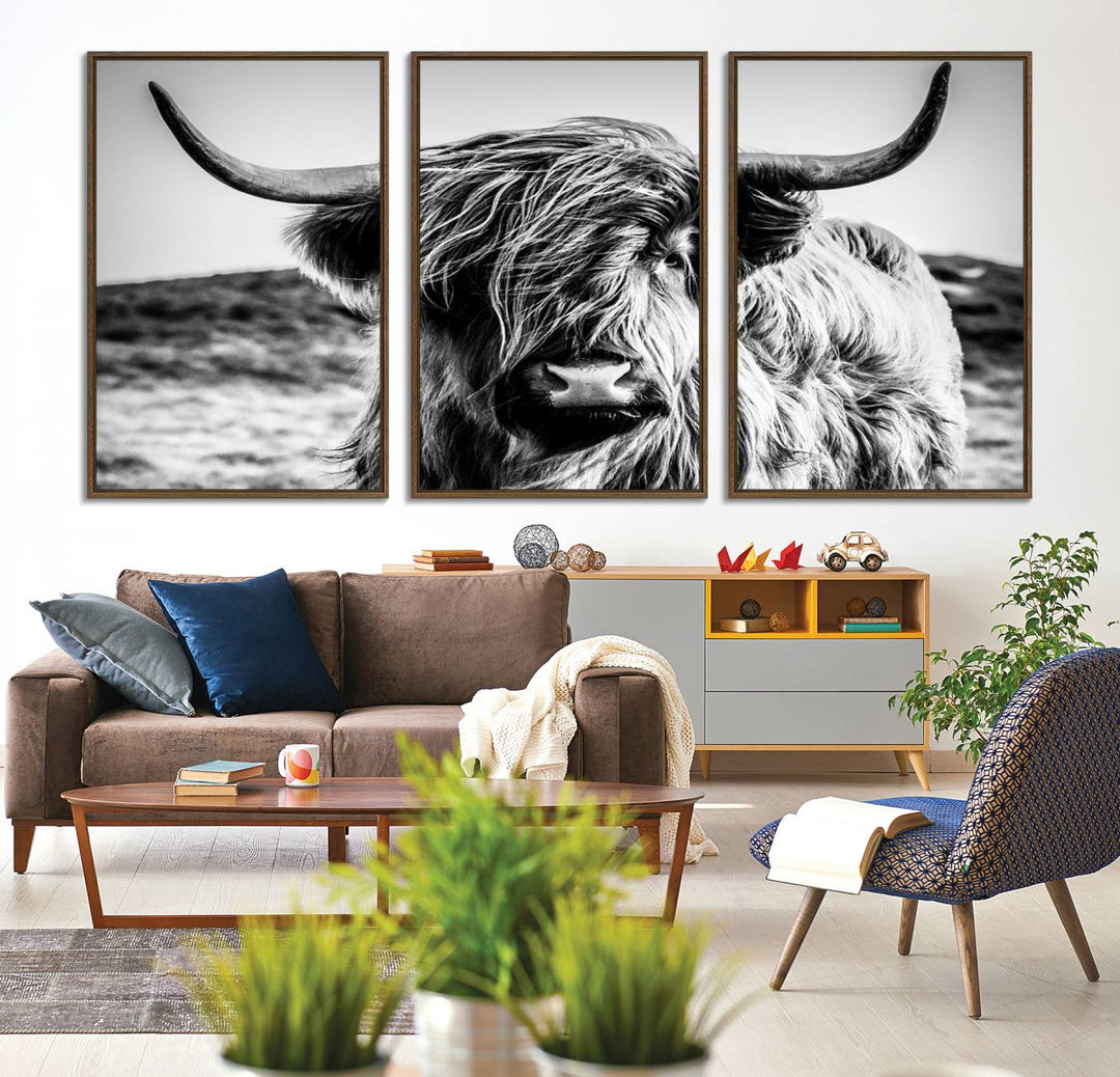 A Black and White Scottish Cow Canvas Print adorns the kitchen wall, perfect for farmhouse decor.