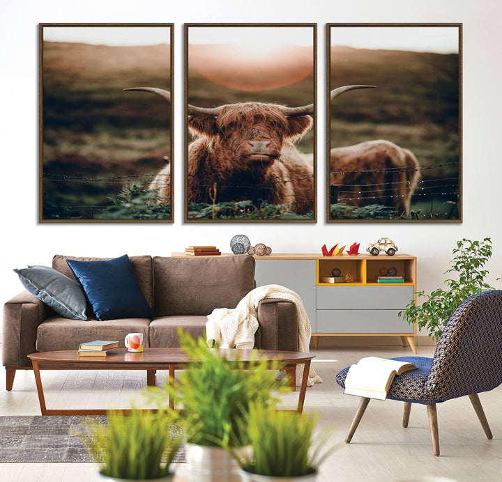 A Highland Cow Animal Canvas Wall Art, featuring a grassy field, is displayed on the wall.