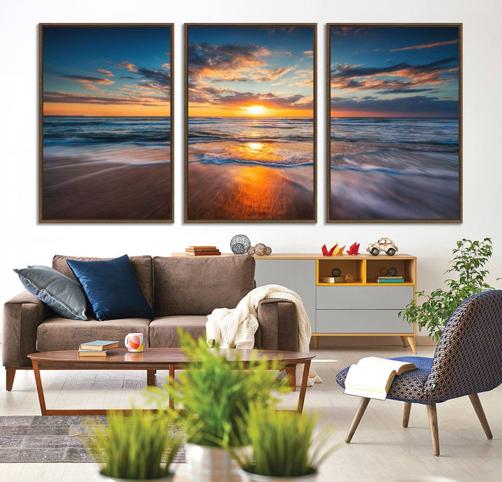 A museum-quality Beautiful Sunset over the Horizon canvas adorns the living room wall.