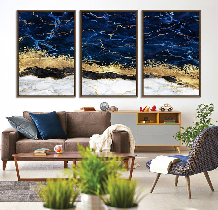 Navy Blue Marble Fluid Effect Canvas Wall Art, featuring a gold and white abstract design, adds a finishing touch to your modern kitchen decor.