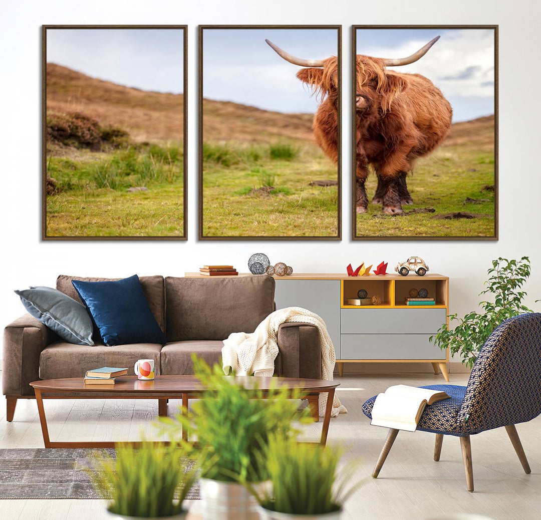 A Highland Cow Animal Canvas Wall Art hangs on the wall, adding warmth to the room.