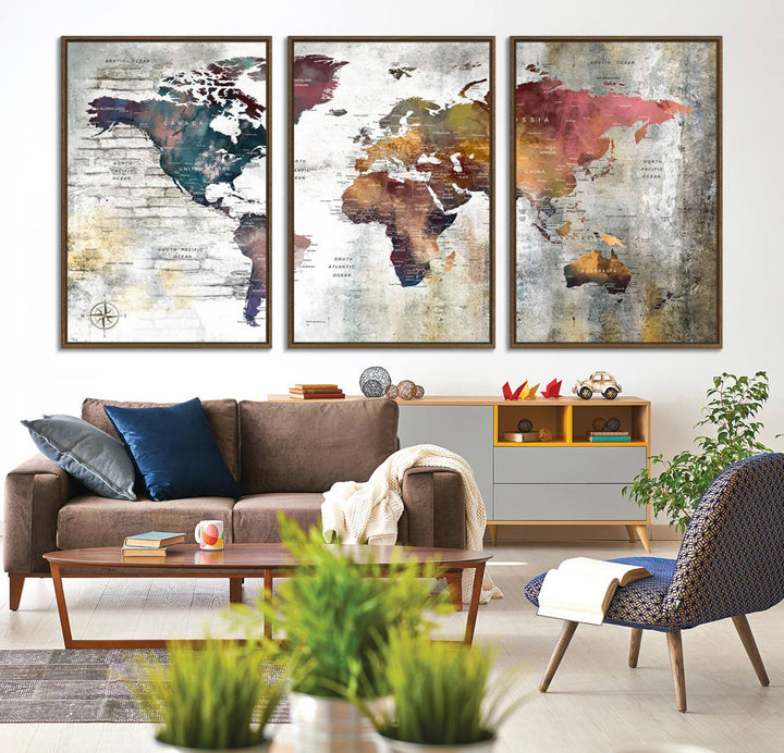The World Map Wall Art Triptych: a 3-panel canvas featuring a vintage map.