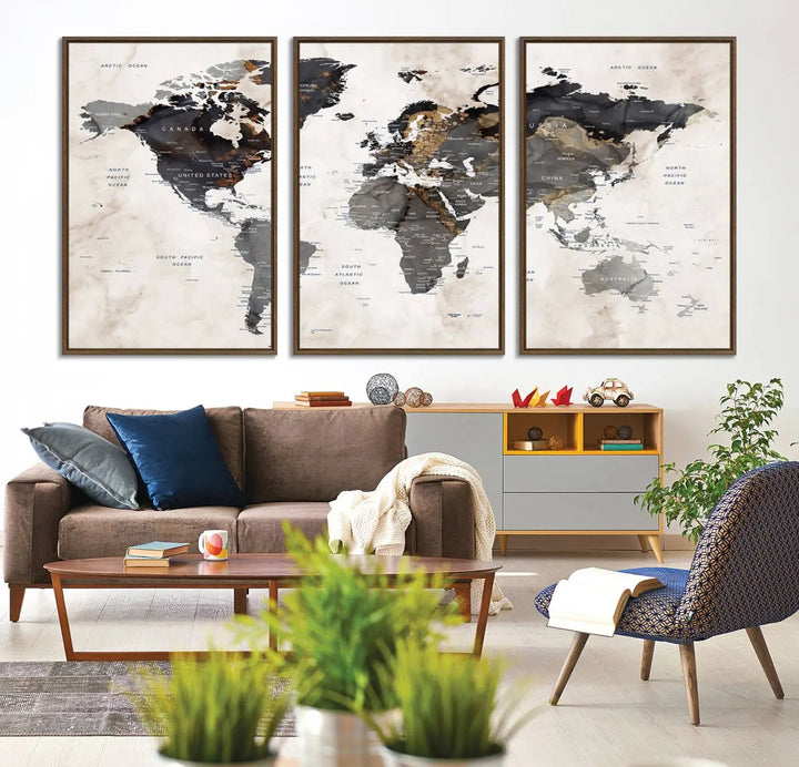 The dining room wall is adorned with the World Map Canvas Print – Earthy Triptych Wall Art, a vintage global map decor featuring dark continents.