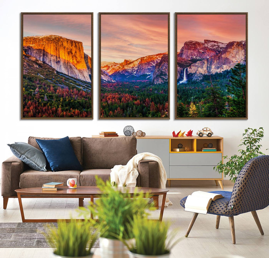 An El Capitan Yosemite Canvas showcasing a sunset over a mountain valley.