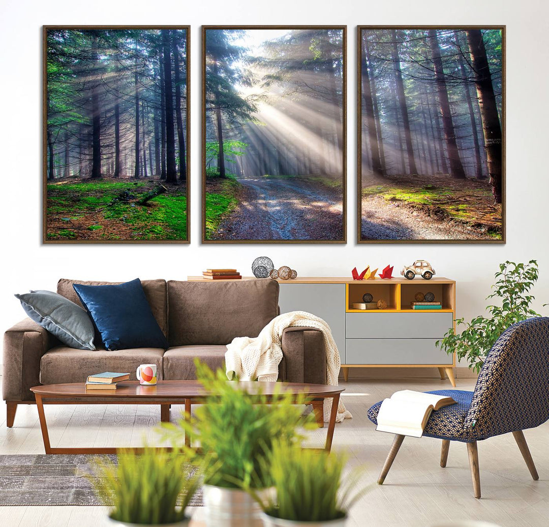 The dining area features a 3-panel Forest Path Canvas showcasing sun rays filtering through a misty forest.