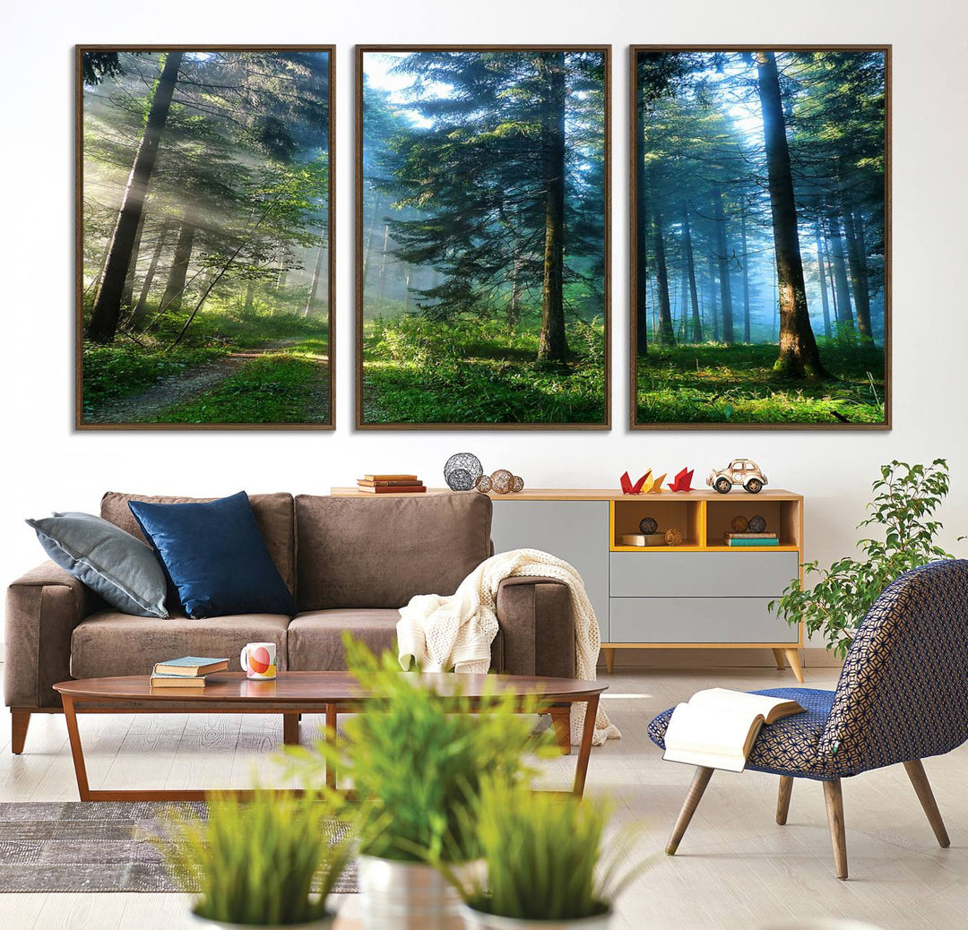 Enhancing the space is the Forest Sun Shine wall art canvas print, showcasing a serene forest scene.