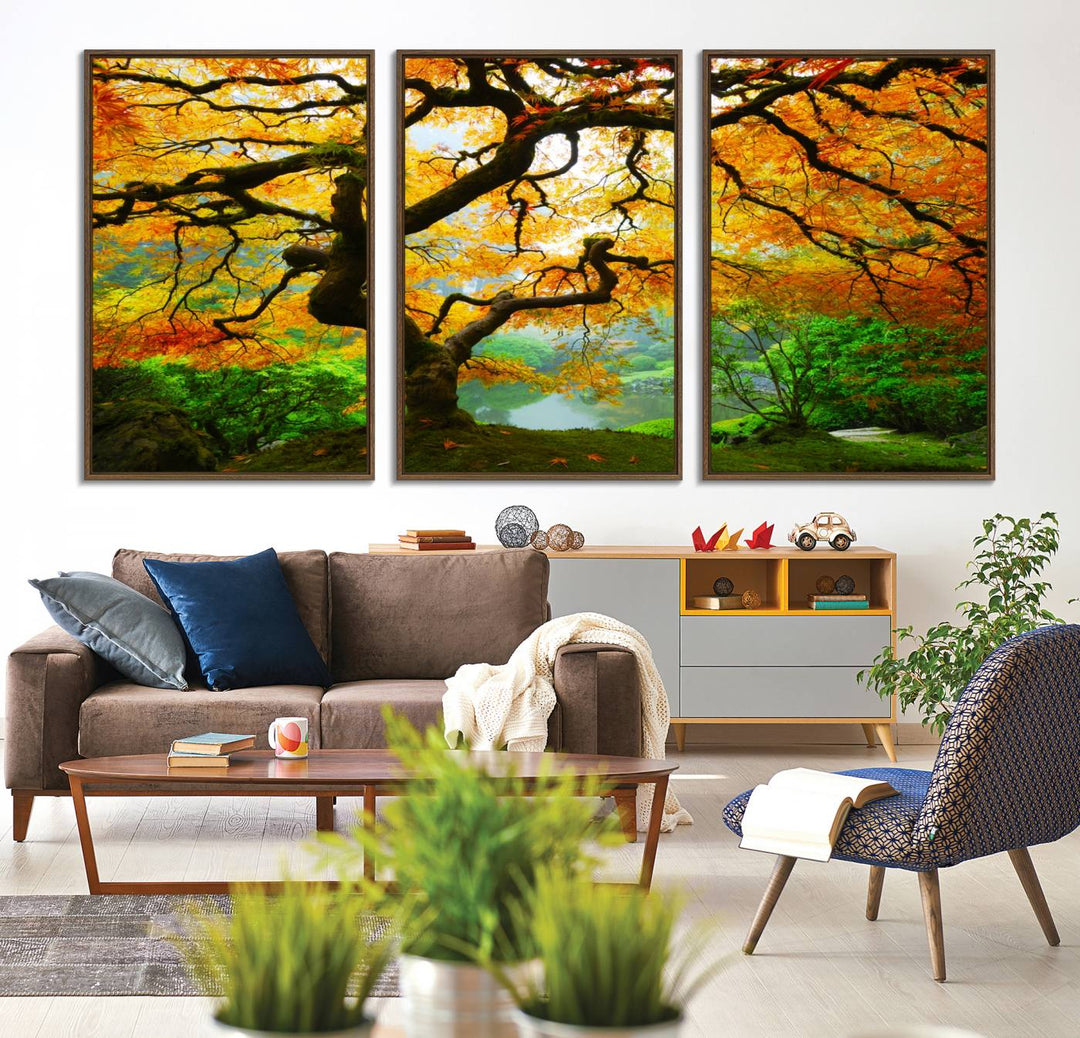 The Portland Japanese Maple Tree Canvas adds elegance to a modern living room.