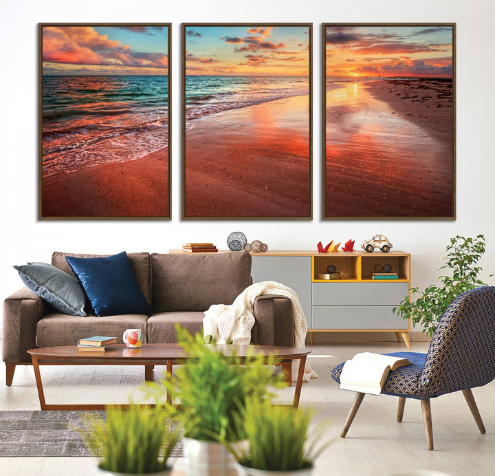 A Vibrant Sunset Beach Canvas Print with ocean waves and sandy shoreline enhances coastal-themed interiors.