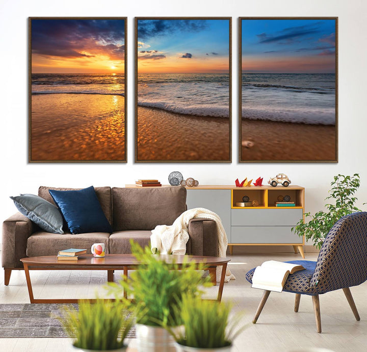 The Golden Sunset Beach Waves Triptych adds a modern coastal touch with its stunning seascape.