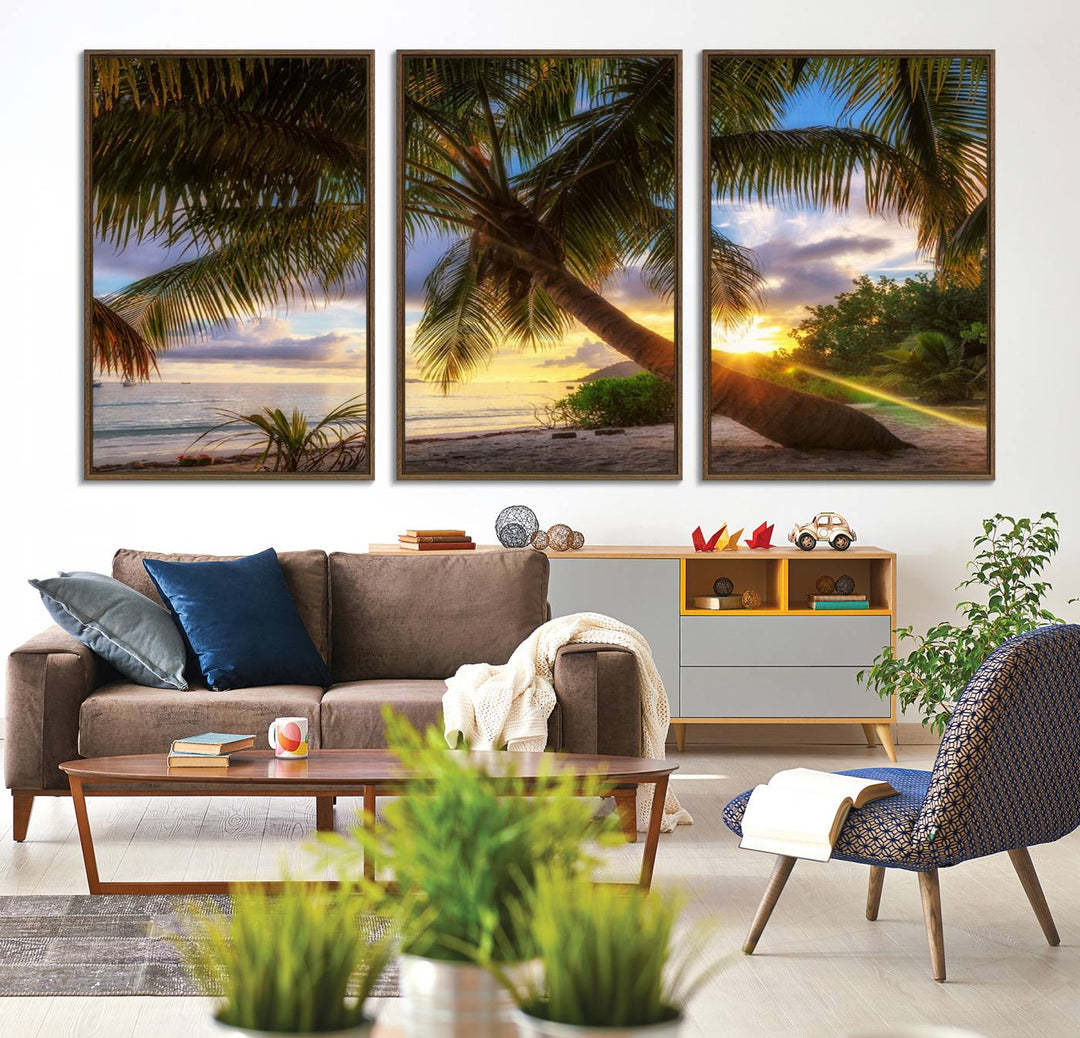 A Coastal Sunset Palm Tree canvas print hangs prominently.