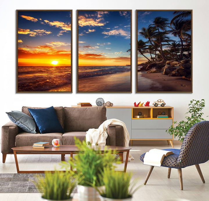 A stunning Tropical Beach Sunset Canvas Art featuring palm trees and ocean waves, created as a Giclee print.