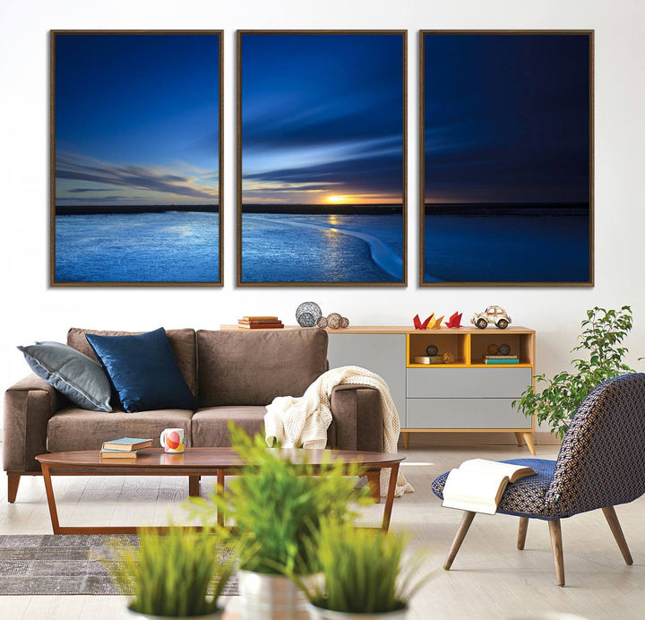 Modern decor: Deep Blue Ocean Sunset Triptych for a serene coastal vibe.