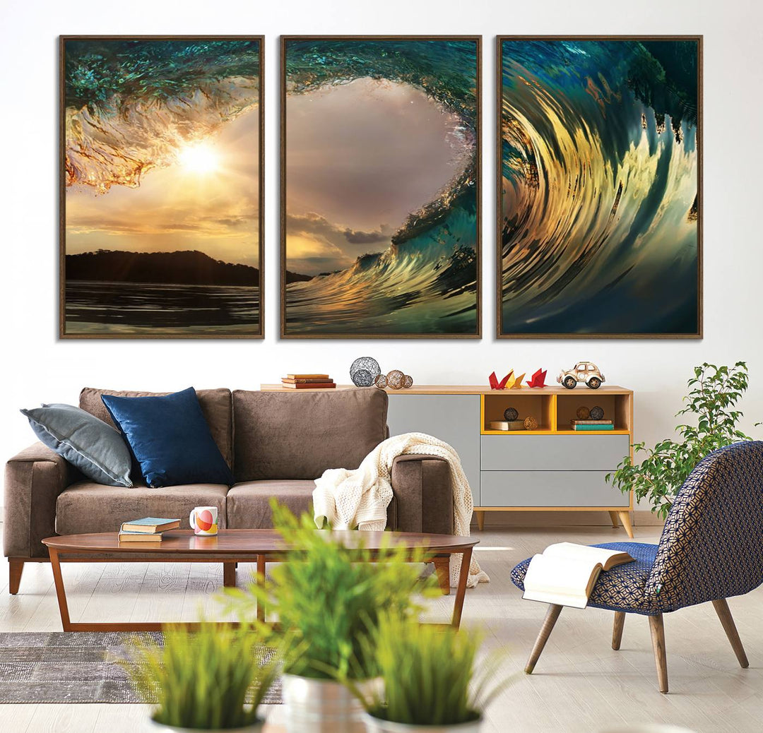 A Golden Wave Sunset Giclee hangs above, showcasing colorful ocean wave art.