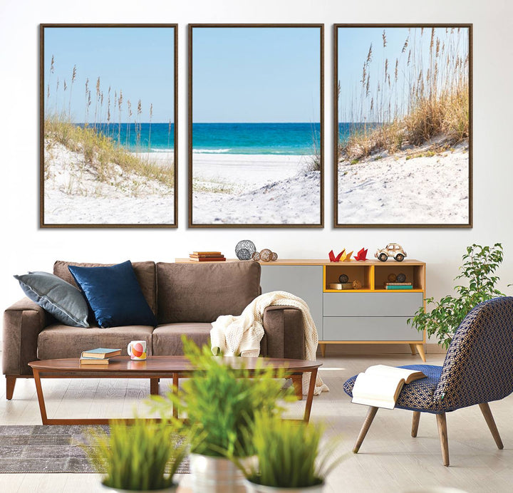 Serene Coastal Dune Path with Ocean View, 3-Panel Beach Canvas Art; tranquil seascape for coastal decor.