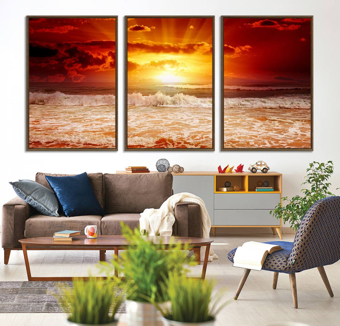 The Red Sunset Ocean Beach Canvas depicts ocean waves.