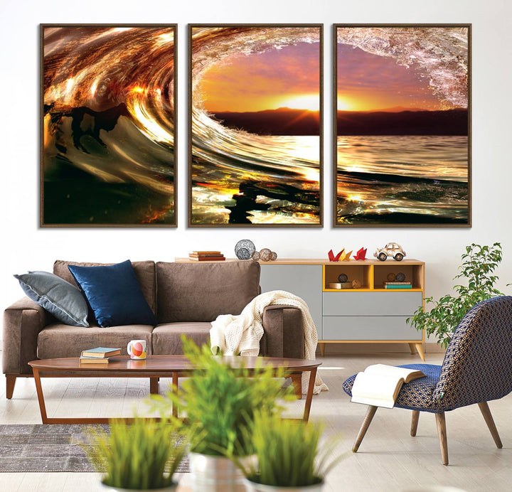 The Golden Wave Sunset Triptych Canvas Art showcases an ocean wave at sunset, casting warm light.