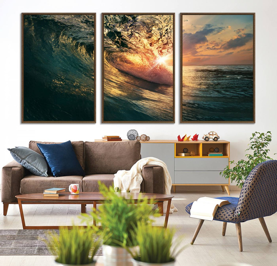 A triptych seascape titled Ocean Wave Sunset Canvas, featuring a stunning ocean view at sunset, is beautifully framed and ready to hang.