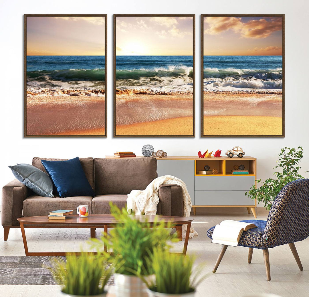 The wall features a Canon-quality Serene Beach Path canvas giclee print, depicting coastal dunes.