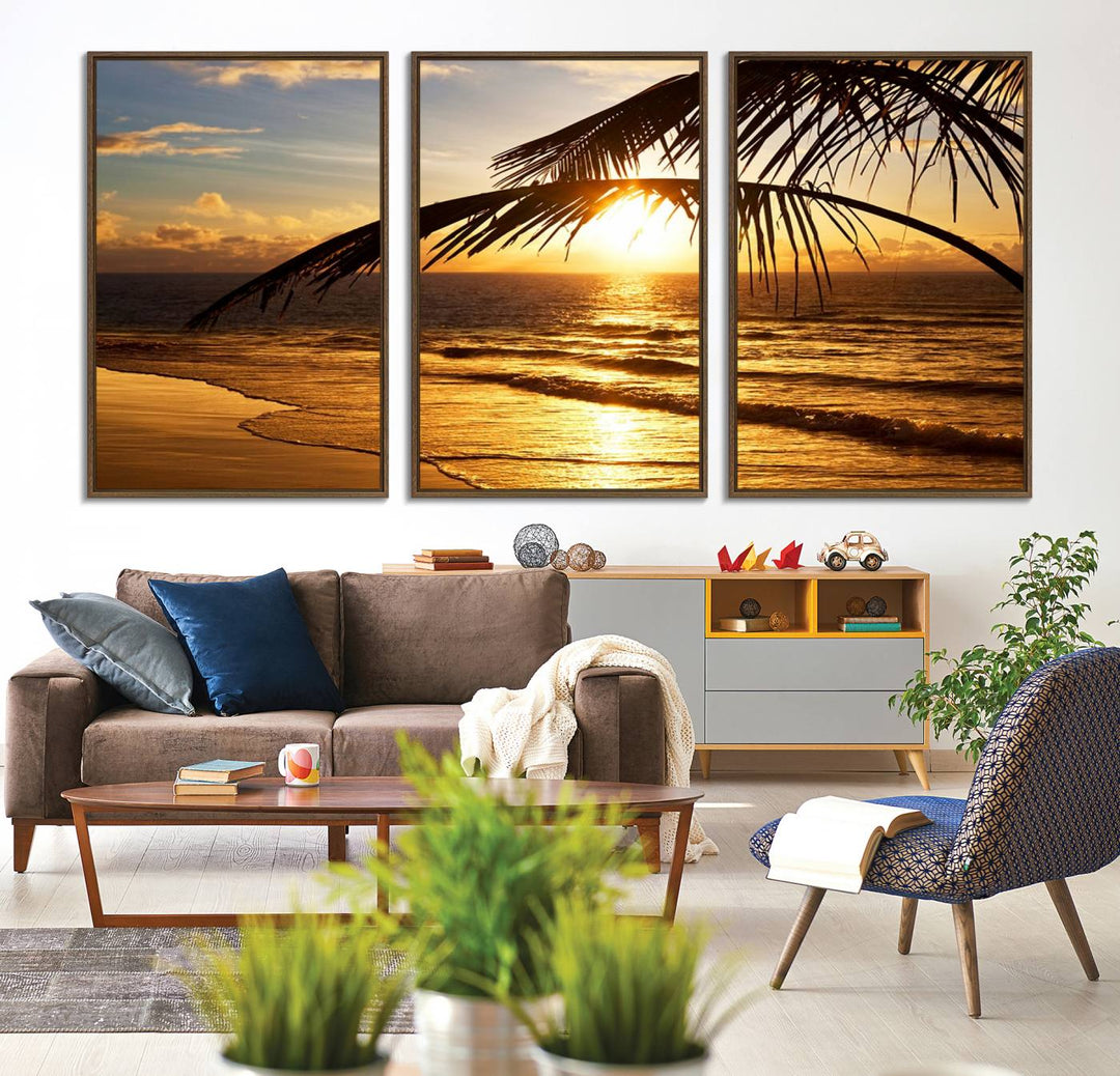 Golden Tropical Beach Sunset Canvas Triptych: Coastal Palm Art & Giclee Print with Gallery Wrap, capturing golden waves.