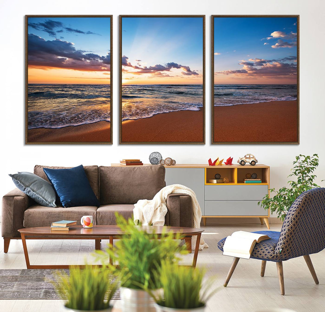 The living room showcases a Serene Ocean Sunset Canvas Print.